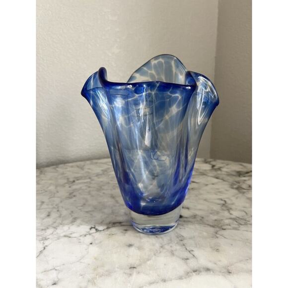 Jane Seymour Polish Hand blown Glass Vase Handkerchief Blue Signed - Picture 3 of 6